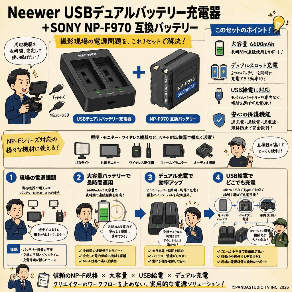 Neewer USBデュアルバッテリー充電器 ＋SONY NP-F970 互換バッテリー 概要
