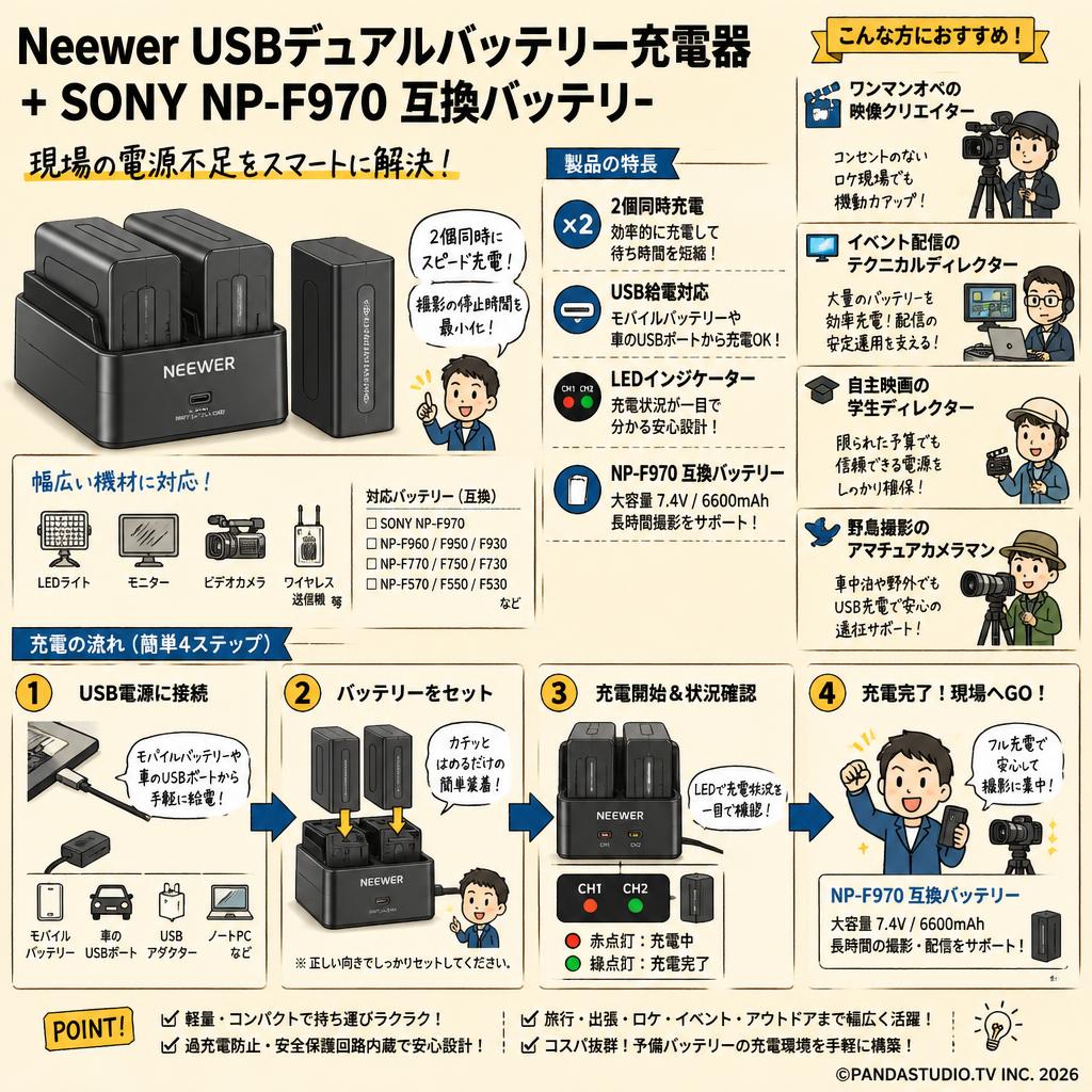 Neewer USBデュアルバッテリー充電器 ＋SONY NP-F970 互換バッテリー おもな対象のお客様