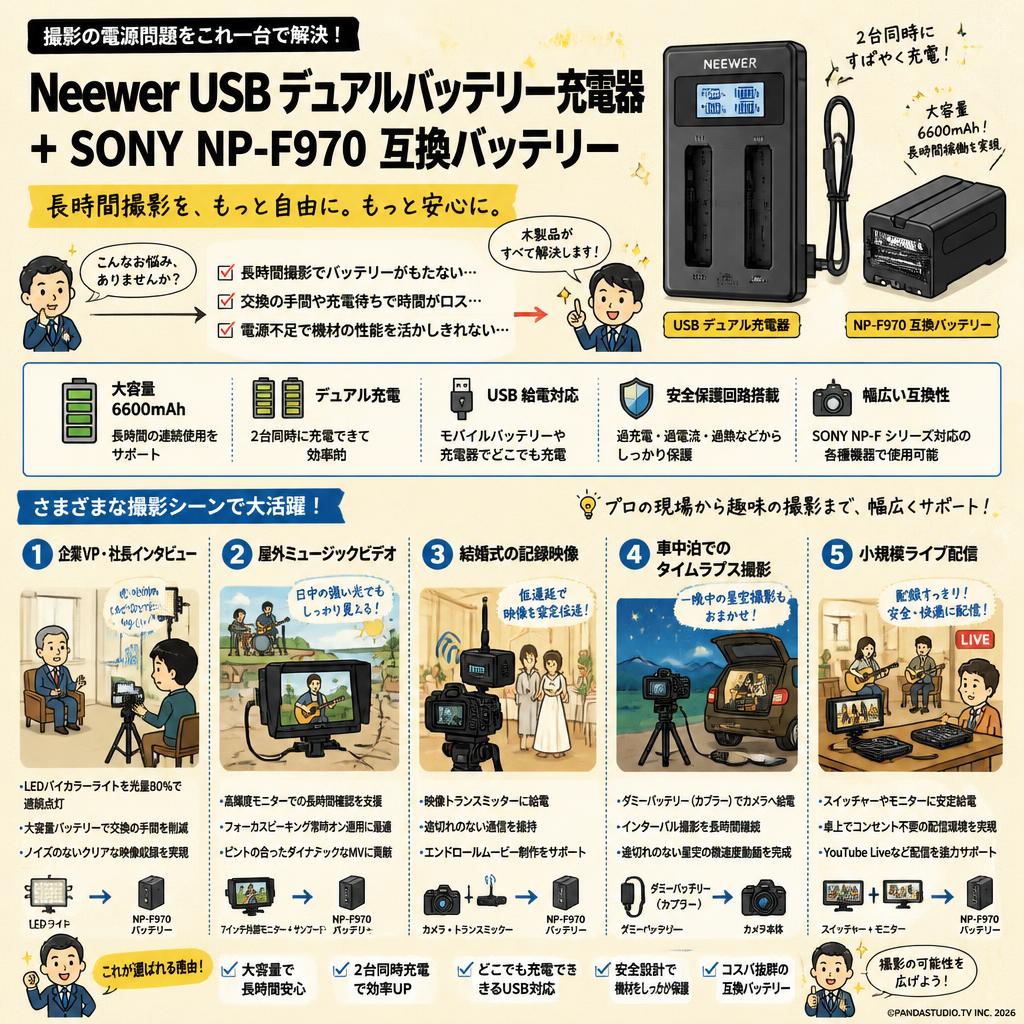 Neewer USBデュアルバッテリー充電器 ＋SONY NP-F970 互換バッテリー 用途