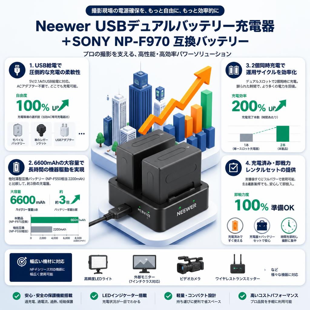 Neewer USBデュアルバッテリー充電器 ＋SONY NP-F970 互換バッテリー セールスポイント