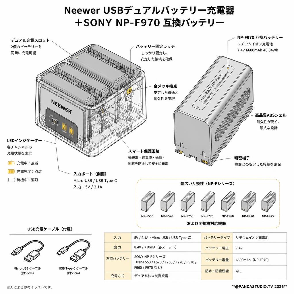 Neewer USBデュアルバッテリー充電器 ＋SONY NP-F970 互換バッテリー スペック