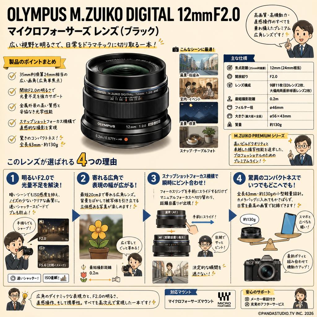 OLYMPUS M.ZUIKO DIGITAL 12mm F2.0 マイクロフォーサーズ レンズ（ブラック） 概要