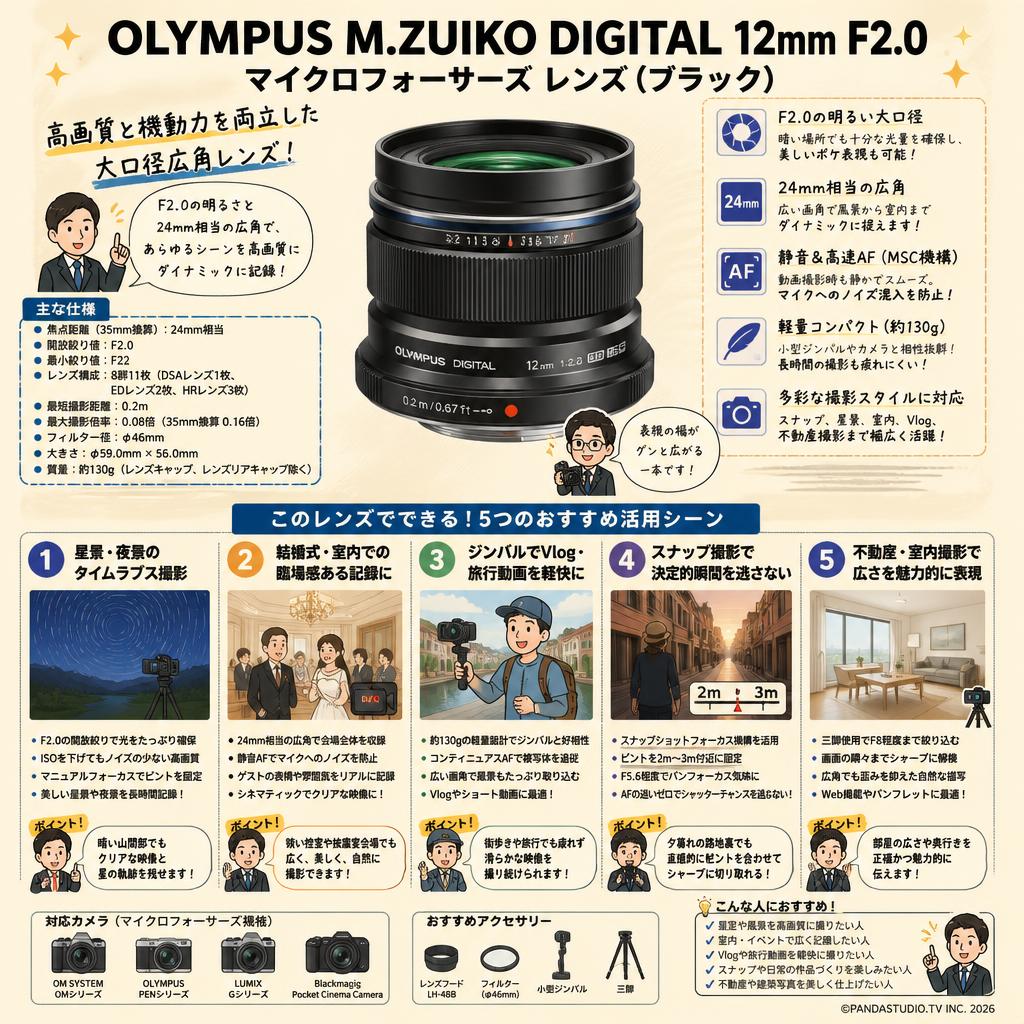 OLYMPUS M.ZUIKO DIGITAL 12mm F2.0 マイクロフォーサーズ レンズ（ブラック） 用途