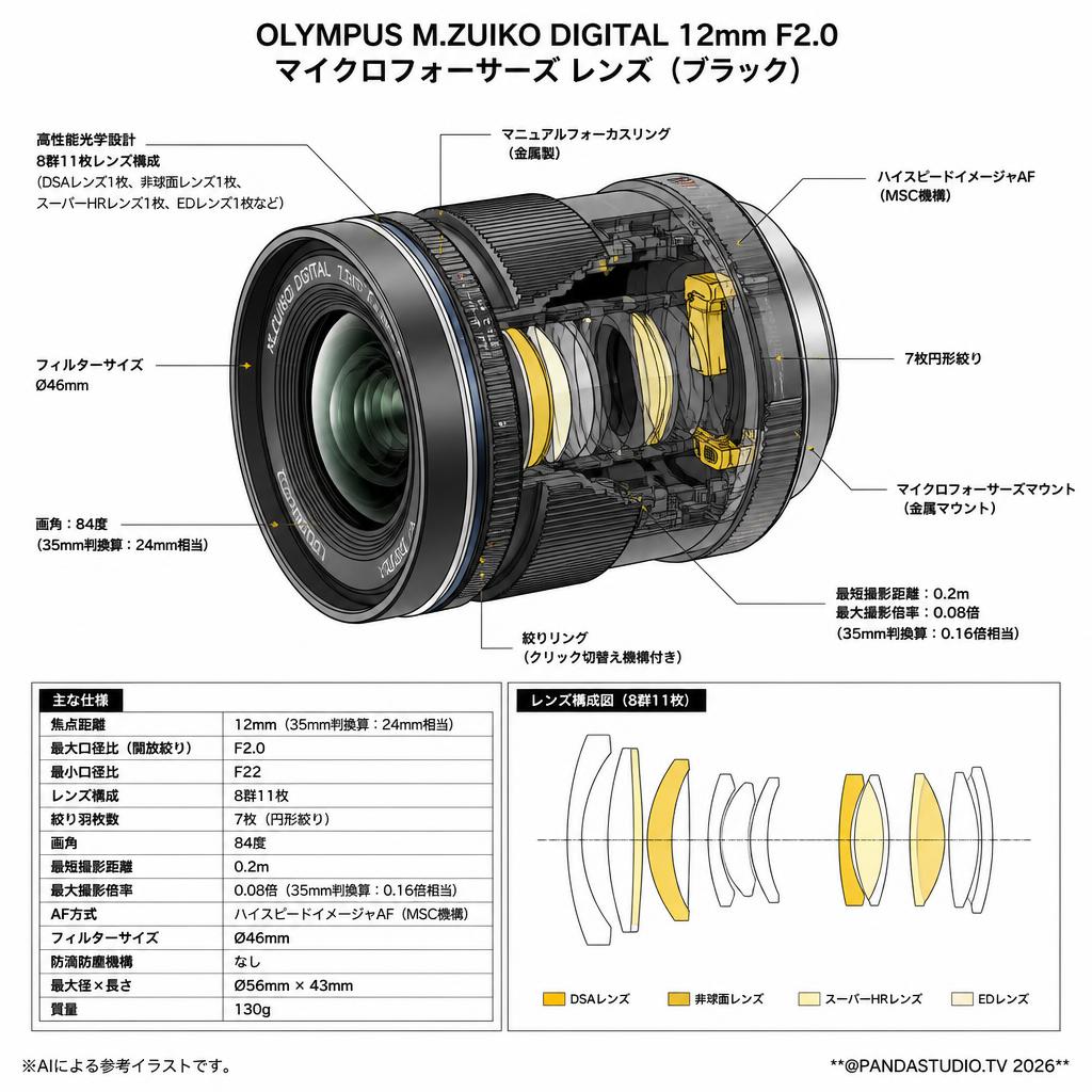 OLYMPUS M.ZUIKO DIGITAL 12mm F2.0 マイクロフォーサーズ レンズ（ブラック） スペック