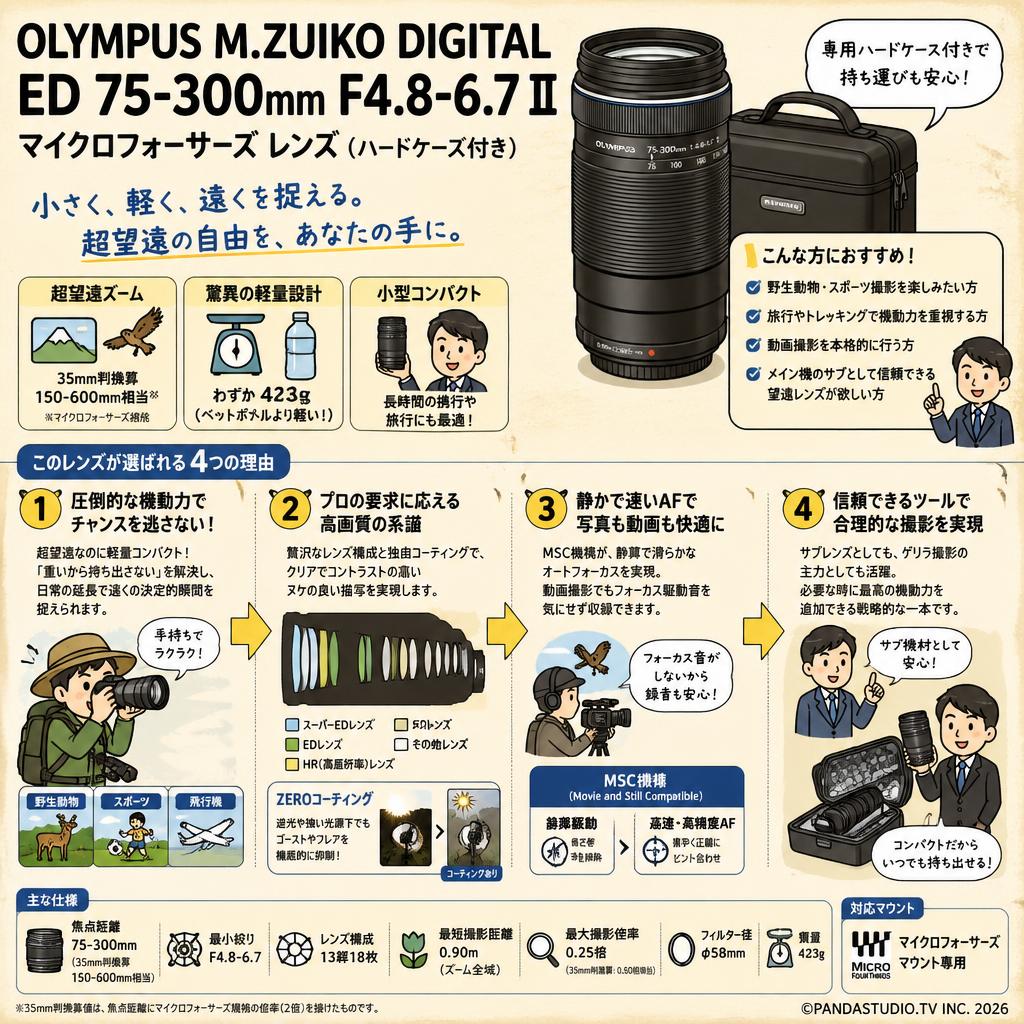 OLYMPUS M.ZUIKO DIGITAL ED 75-300mm F4.8-6.7 Ⅱ マイクロフォーサーズ レンズ (ハードケース付き) 概要