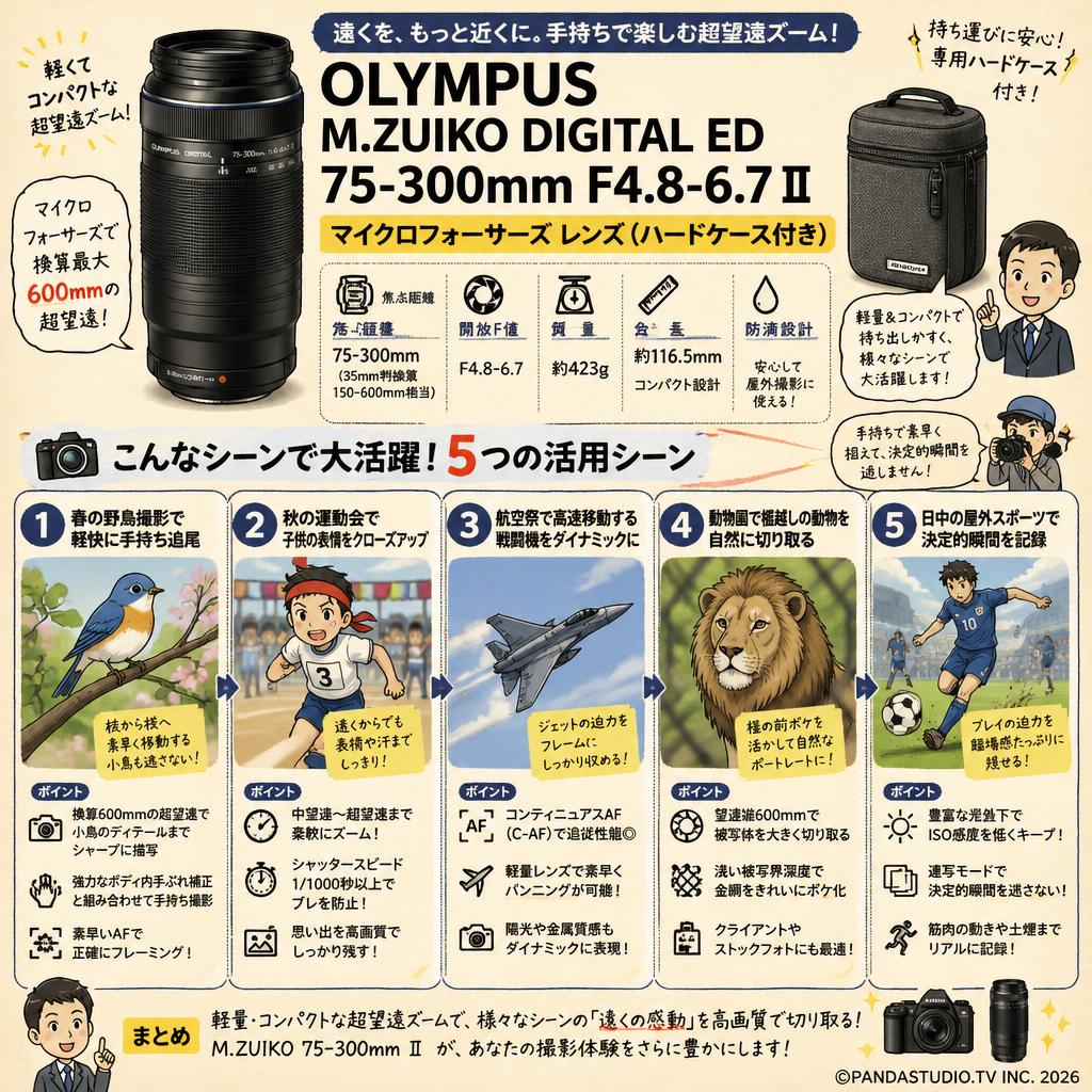OLYMPUS M.ZUIKO DIGITAL ED 75-300mm F4.8-6.7 Ⅱ マイクロフォーサーズ レンズ (ハードケース付き) 用途
