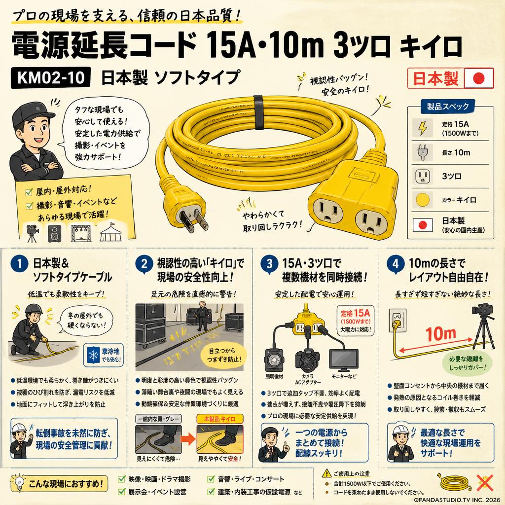 電源延長コード 15A・10m 3ツ口 キイロ KM02-10 日本製 ソフトタイプ 概要