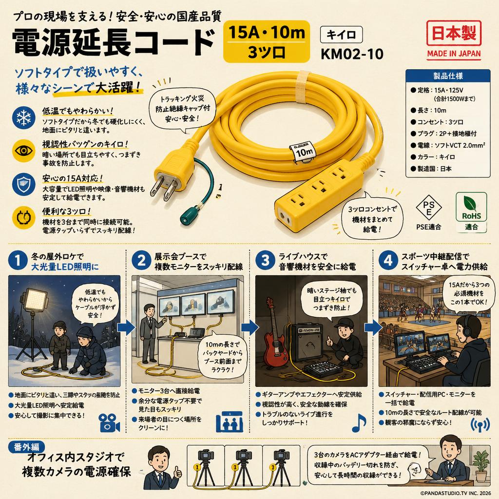 電源延長コード 15A・10m 3ツ口 キイロ KM02-10 日本製 ソフトタイプ 用途