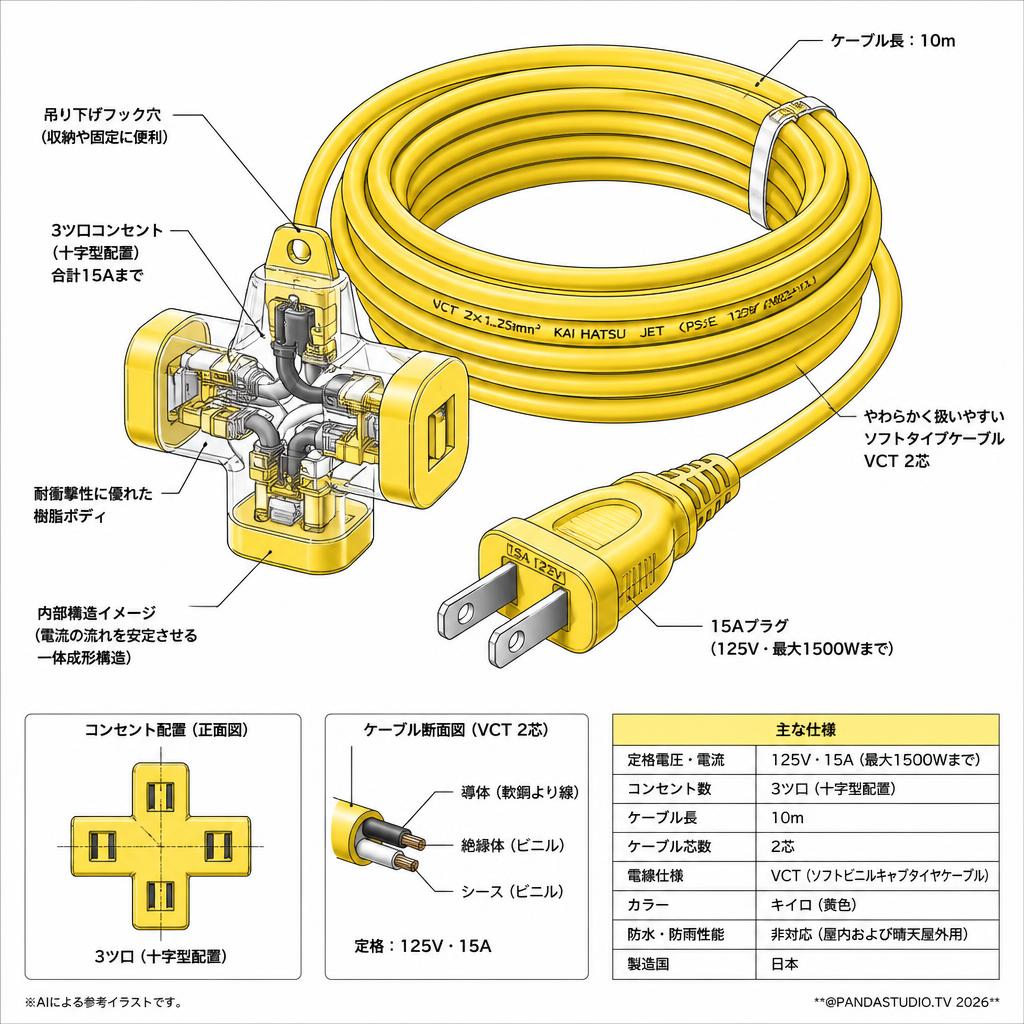 電源延長コード 15A・10m 3ツ口 キイロ KM02-10 日本製 ソフトタイプ スペック