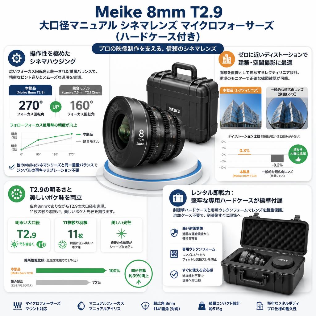Meike 8mm T2.9大口径マニュアル シネマレンズ マイクロフォーサーズ(ハードケース付き) セールスポイント