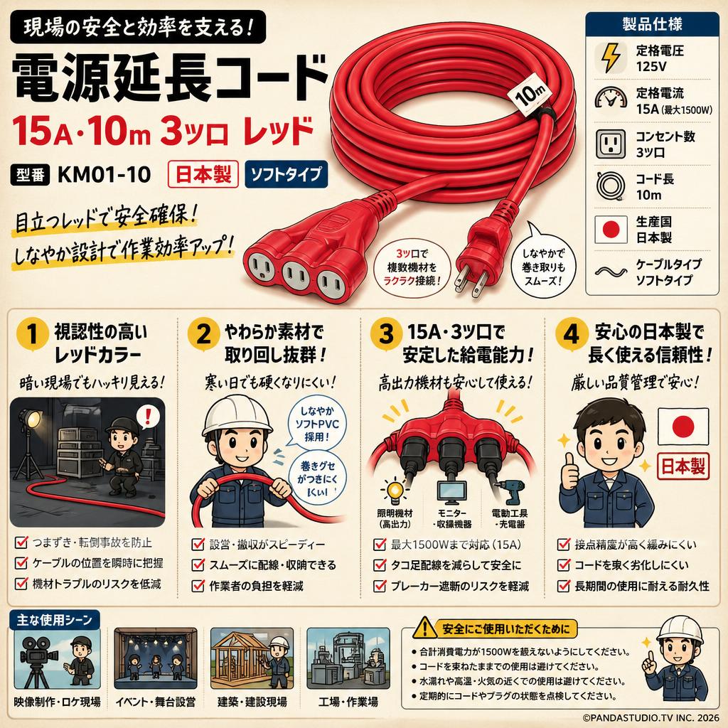 電源延長コード 15A・10m 3ツ口 レッド  KM01-10 日本製 ソフトタイプ 概要