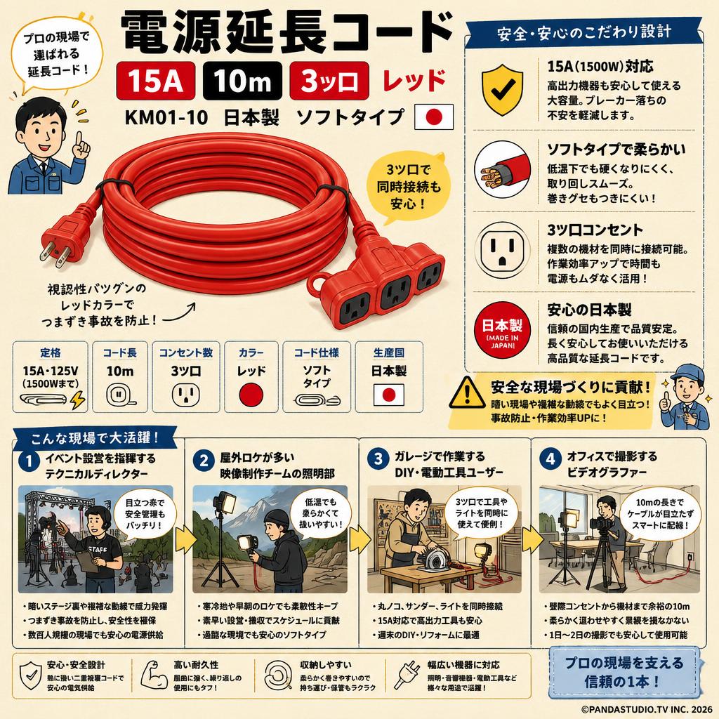 電源延長コード 15A・10m 3ツ口 レッド  KM01-10 日本製 ソフトタイプ おもな対象のお客様