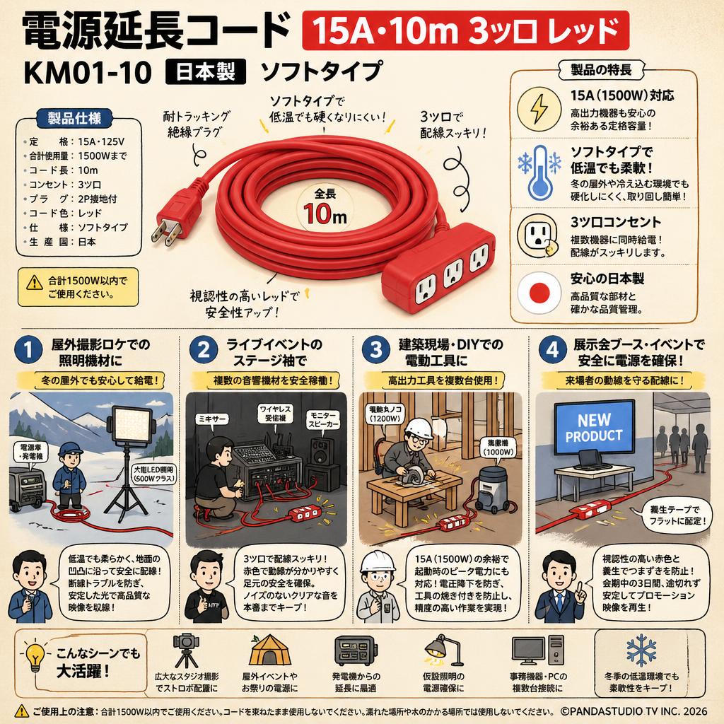 電源延長コード 15A・10m 3ツ口 レッド  KM01-10 日本製 ソフトタイプ 用途
