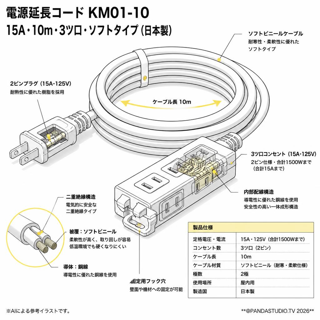 電源延長コード 15A・10m 3ツ口 レッド  KM01-10 日本製 ソフトタイプ スペック