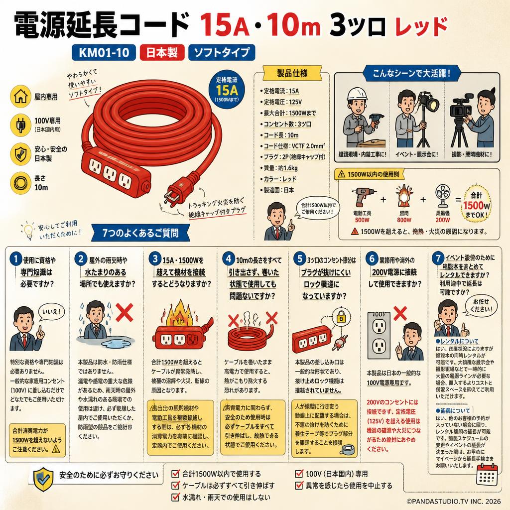 電源延長コード 15A・10m 3ツ口 レッド  KM01-10 日本製 ソフトタイプ FAQ（よくある質問と答え）