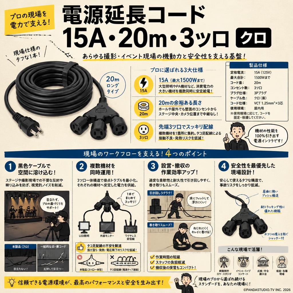 電源延長コード 15A・20m 3ツ口 クロ 概要