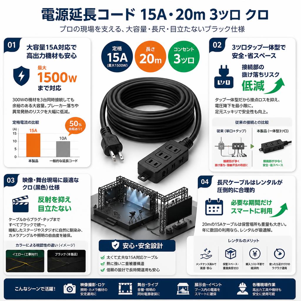 電源延長コード 15A・20m 3ツ口 クロ セールスポイント