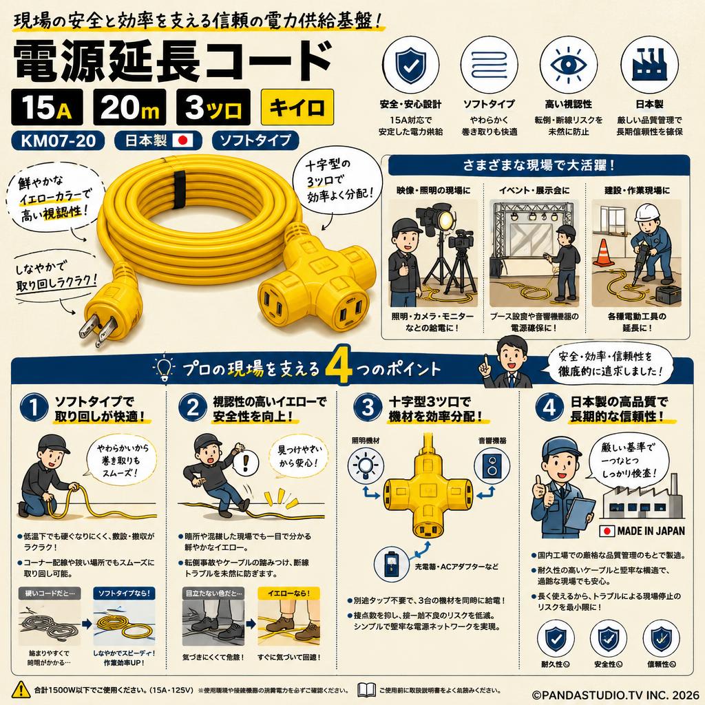 電源延長コード 15A・20m 3ツ口 キイロ KM07-20 日本製 ソフトタイプ 概要