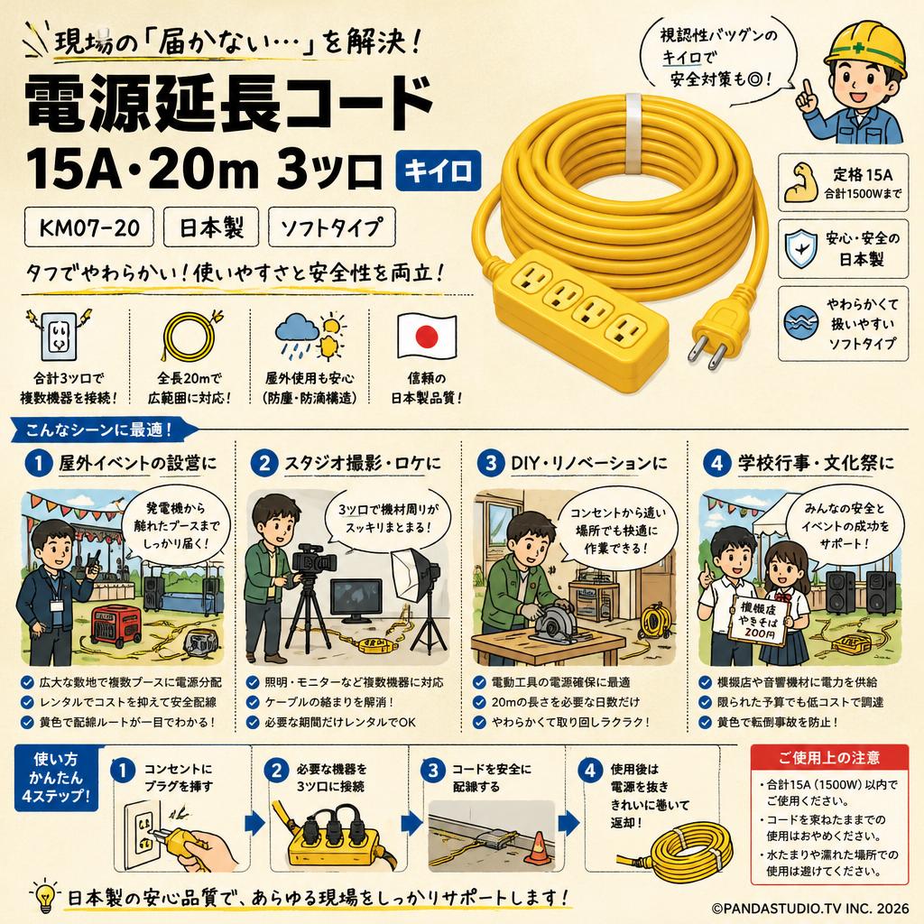 電源延長コード 15A・20m 3ツ口 キイロ KM07-20 日本製 ソフトタイプ おもな対象のお客様