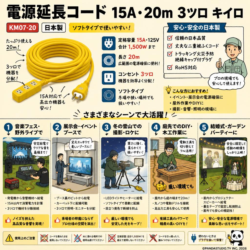 電源延長コード 15A・20m 3ツ口 キイロ KM07-20 日本製 ソフトタイプ 用途