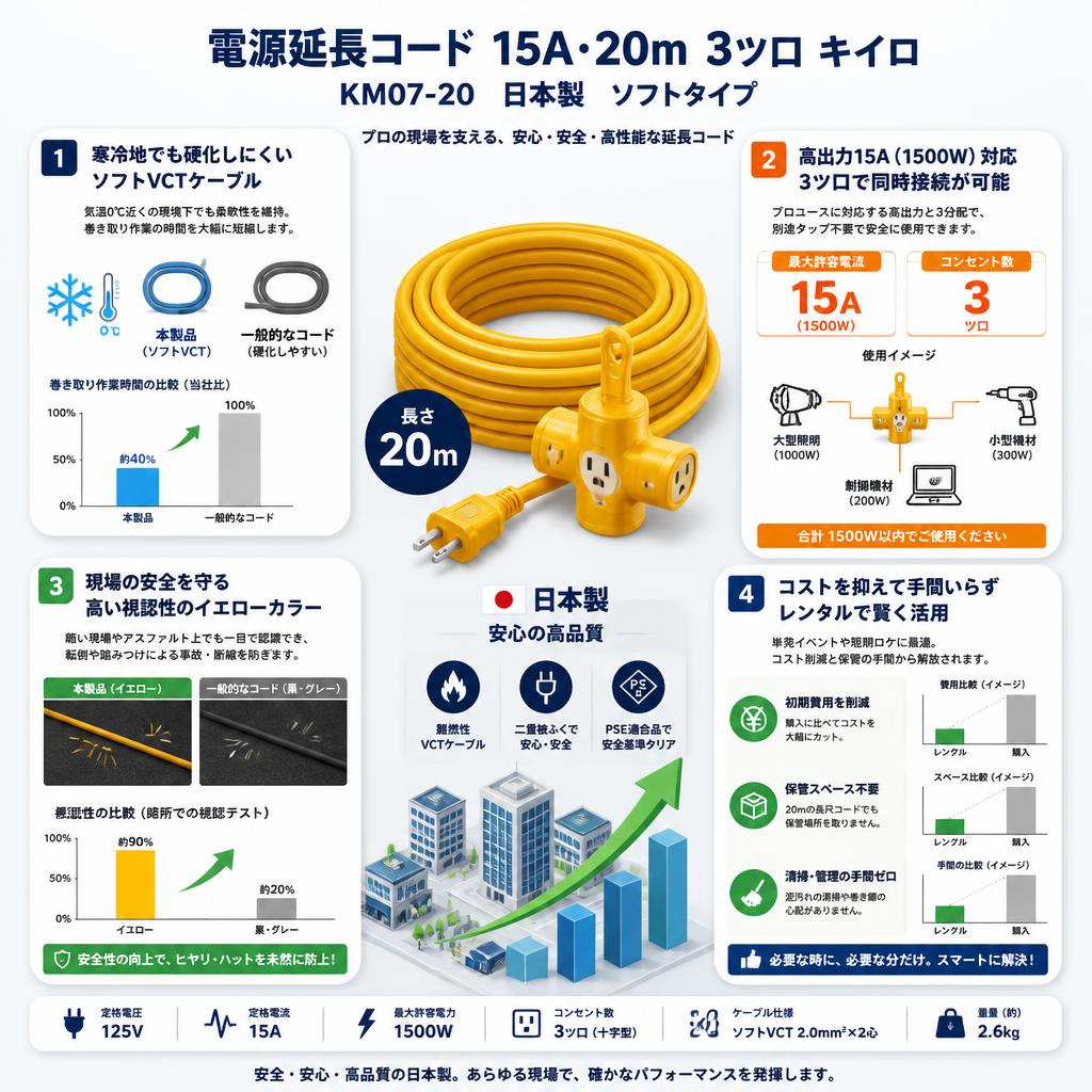 電源延長コード 15A・20m 3ツ口 キイロ KM07-20 日本製 ソフトタイプ セールスポイント