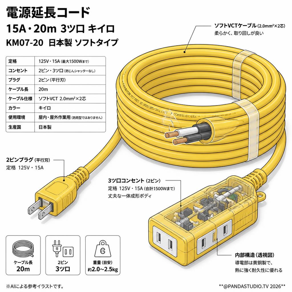 電源延長コード 15A・20m 3ツ口 キイロ KM07-20 日本製 ソフトタイプ スペック