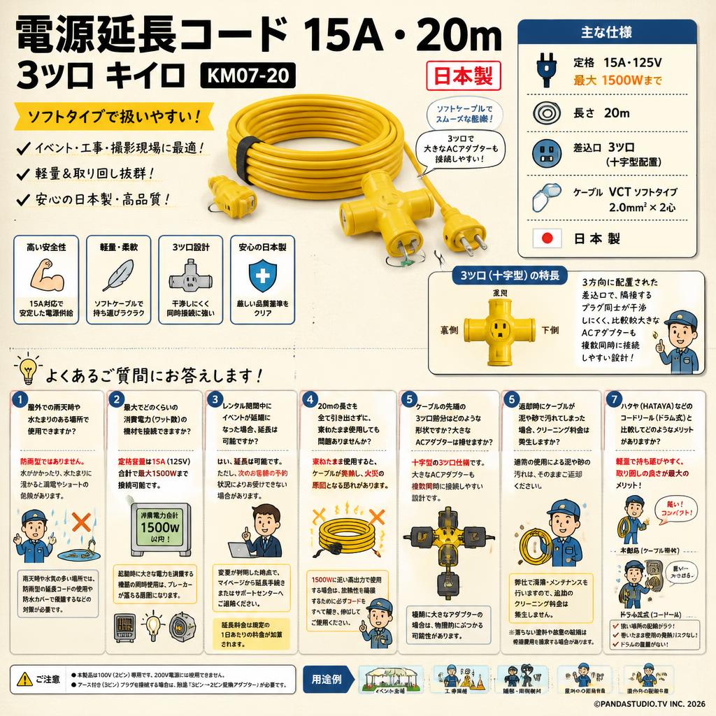 電源延長コード 15A・20m 3ツ口 キイロ KM07-20 日本製 ソフトタイプ FAQ（よくある質問と答え）