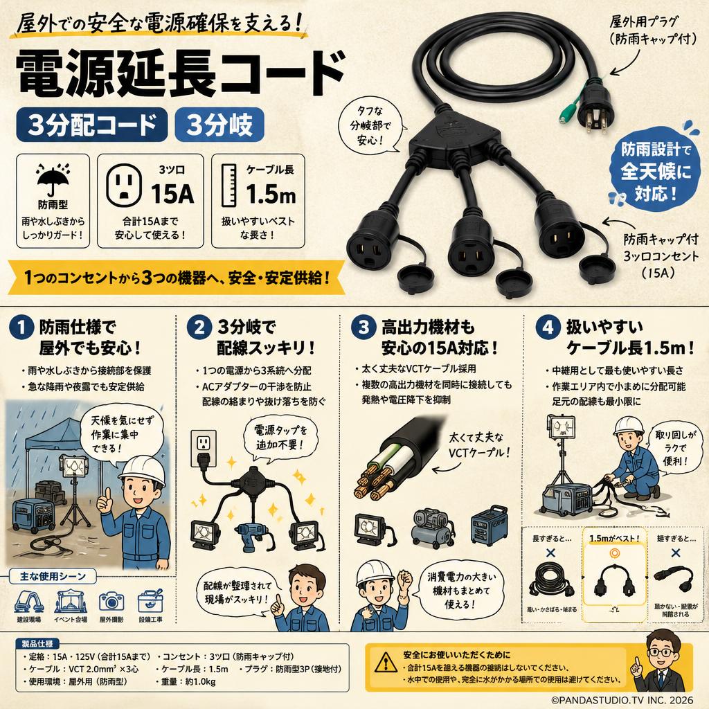 電源延長コード  3分配コード 3分岐 防雨型 3ツ口15A 1.5m 概要