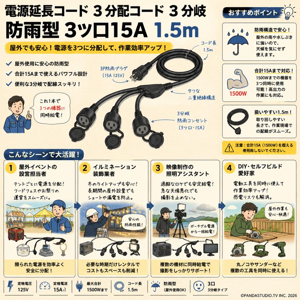 電源延長コード  3分配コード 3分岐 防雨型 3ツ口15A 1.5m おもな対象のお客様