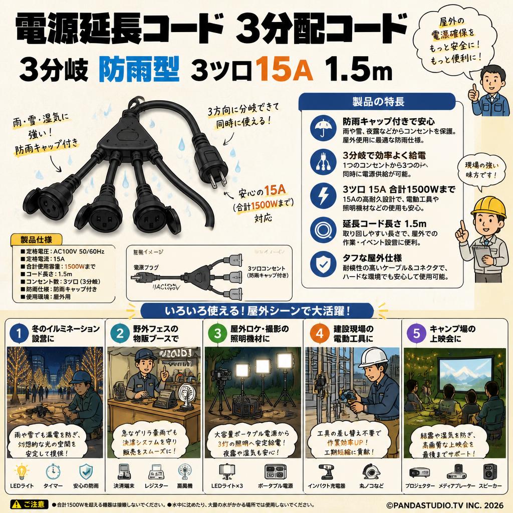 電源延長コード  3分配コード 3分岐 防雨型 3ツ口15A 1.5m 用途