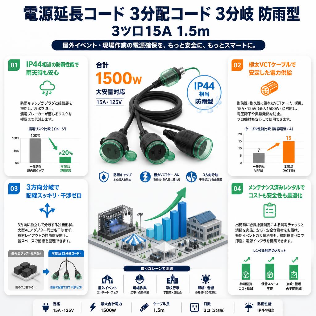 電源延長コード  3分配コード 3分岐 防雨型 3ツ口15A 1.5m セールスポイント