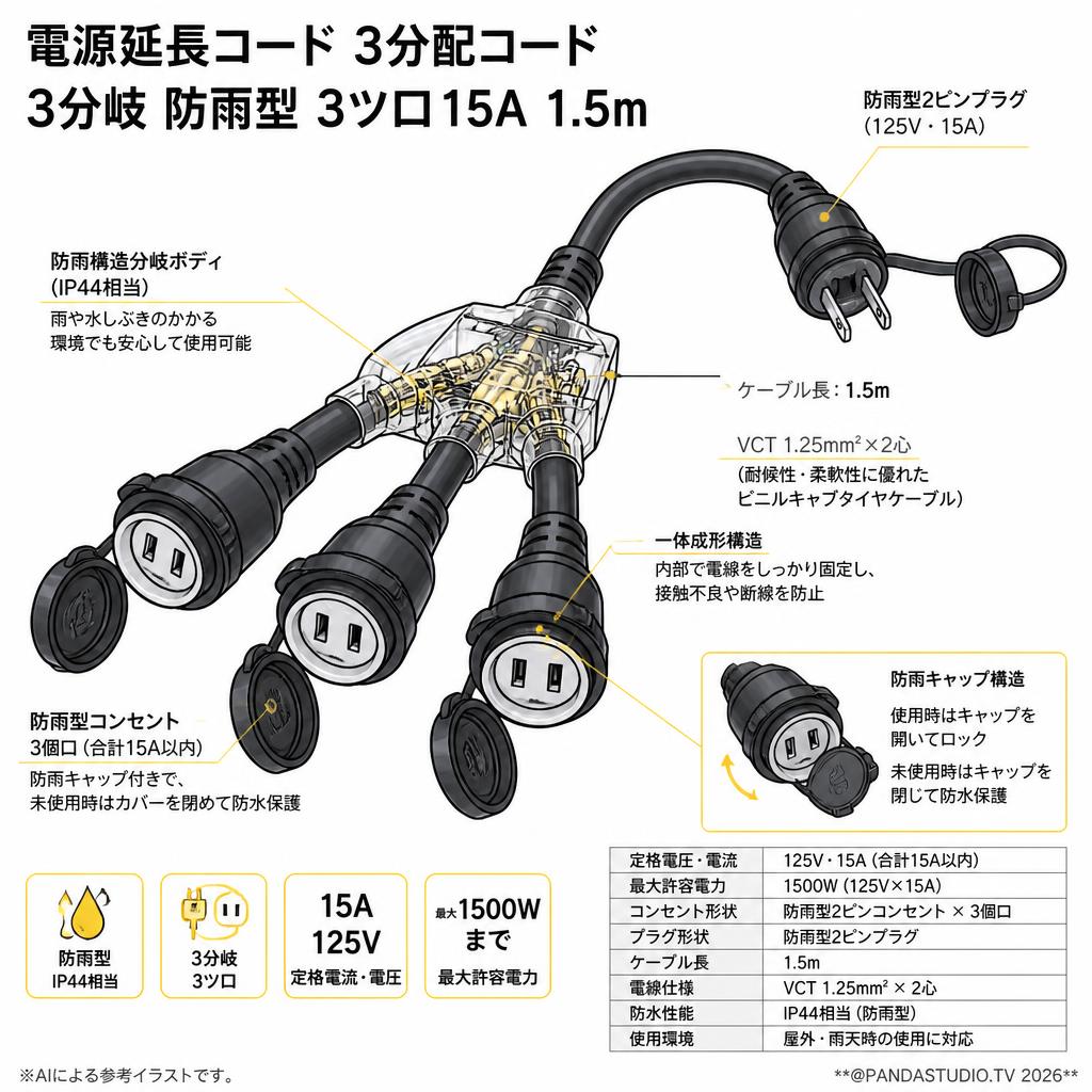 電源延長コード  3分配コード 3分岐 防雨型 3ツ口15A 1.5m スペック