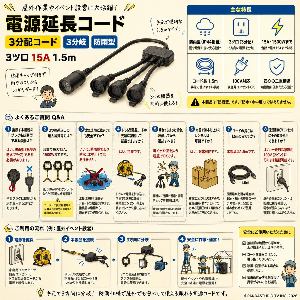 電源延長コード  3分配コード 3分岐 防雨型 3ツ口15A 1.5m FAQ（よくある質問と答え）
