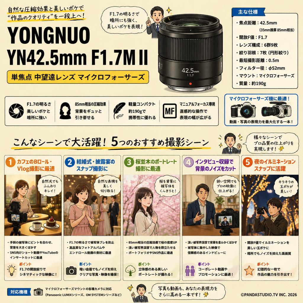 YONGNUO YN42.5mm F1.7M II 単焦点 中望遠レンズ マイクロフォーサーズ 用途