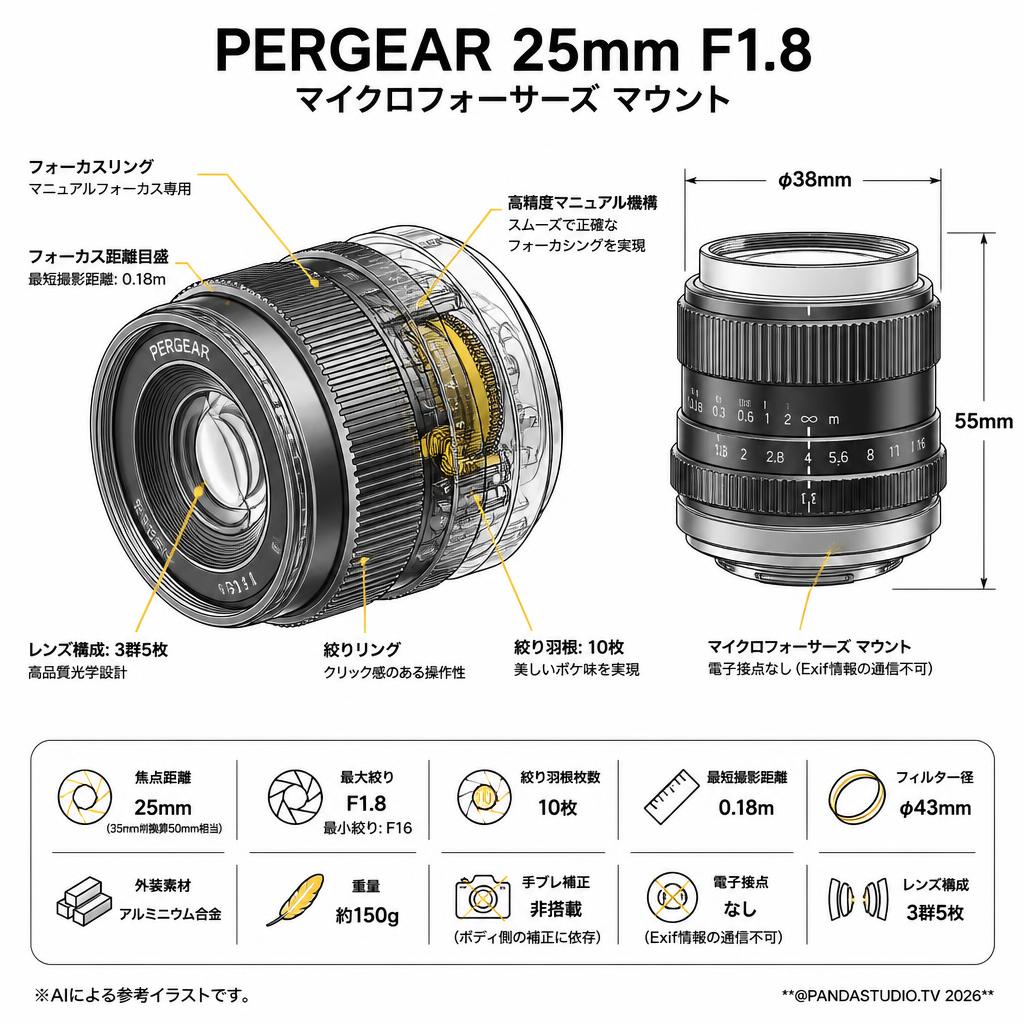 PERGEAR 25mm F1.8 マイクロフォーサーズ マウント スペック