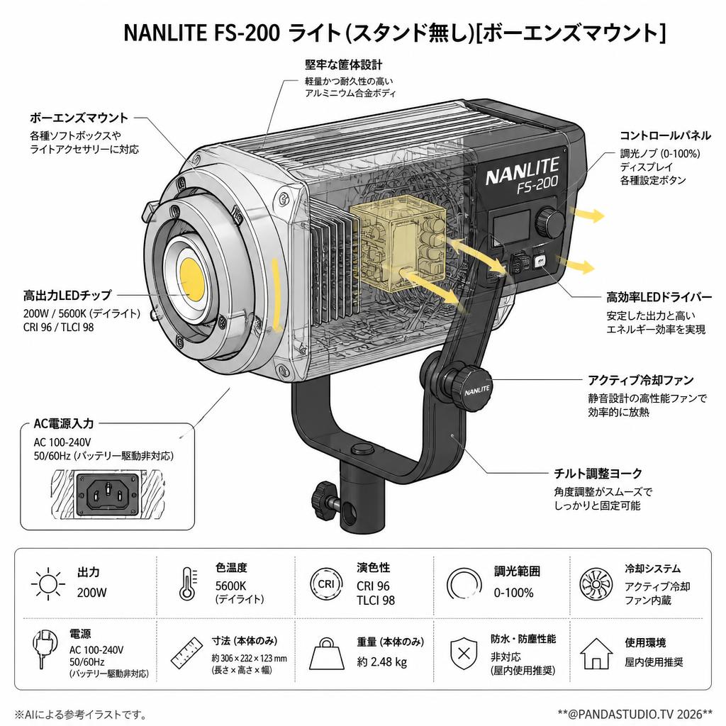 NANLITE FS-200 ライト(スタンド無し)[ボーエンズマウント] スペック