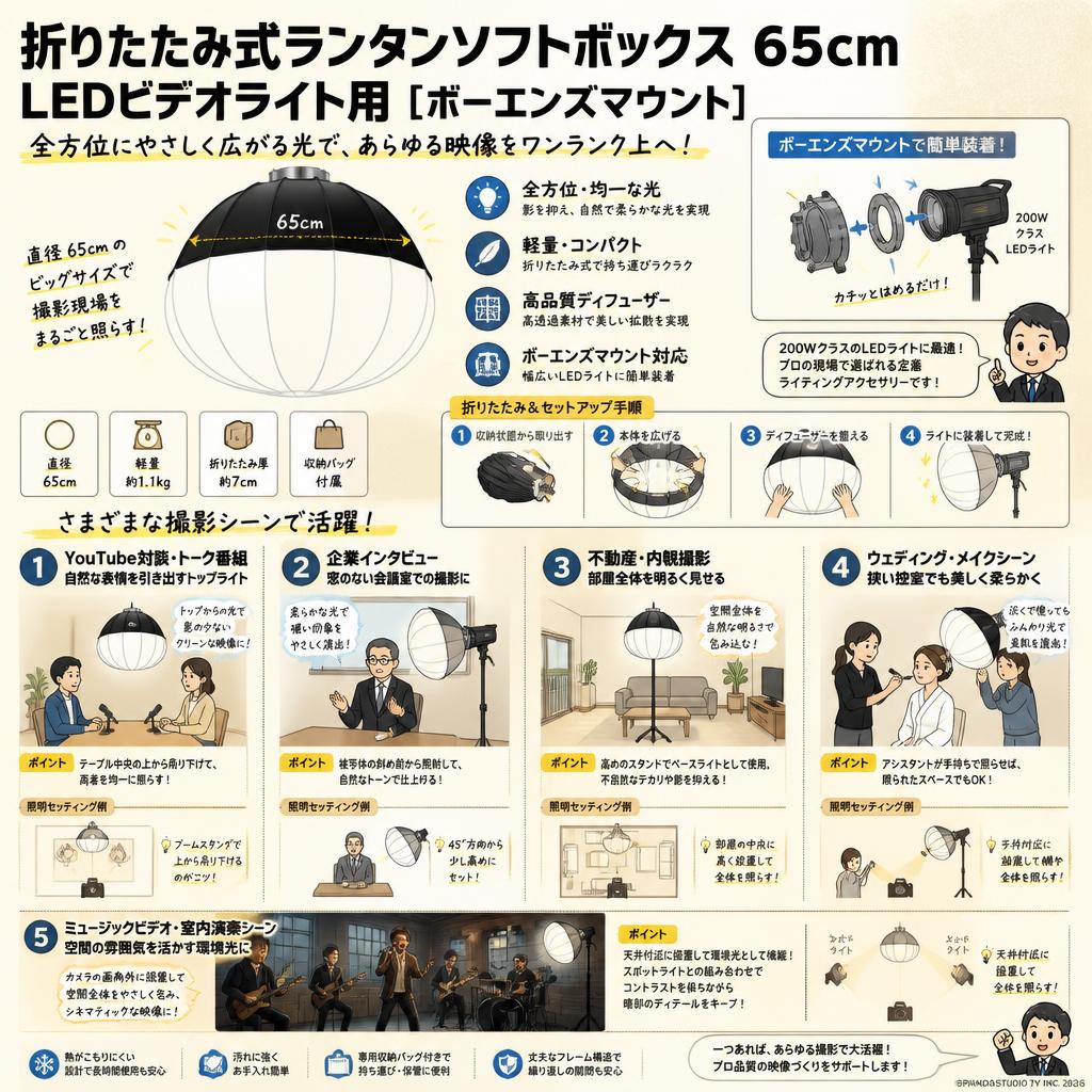 折りたたみ式ランタンソフトボックス 65cm LEDビデオライト用 [ボーエンズマウント] 用途