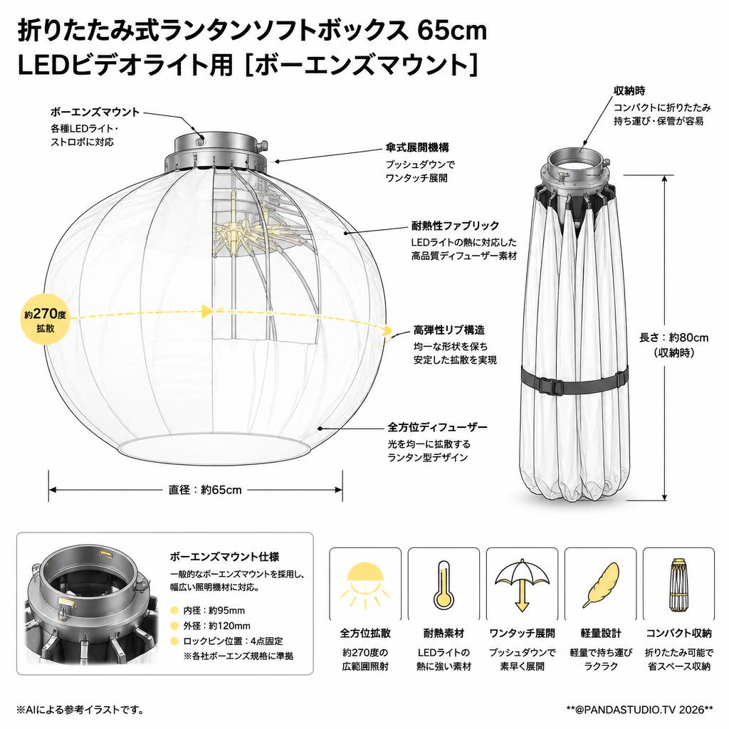 折りたたみ式ランタンソフトボックス 65cm LEDビデオライト用 [ボーエンズマウント] スペック
