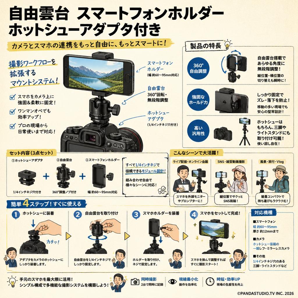 自由雲台 スマートフォンホルダー ホットシューアダプタ付き 概要