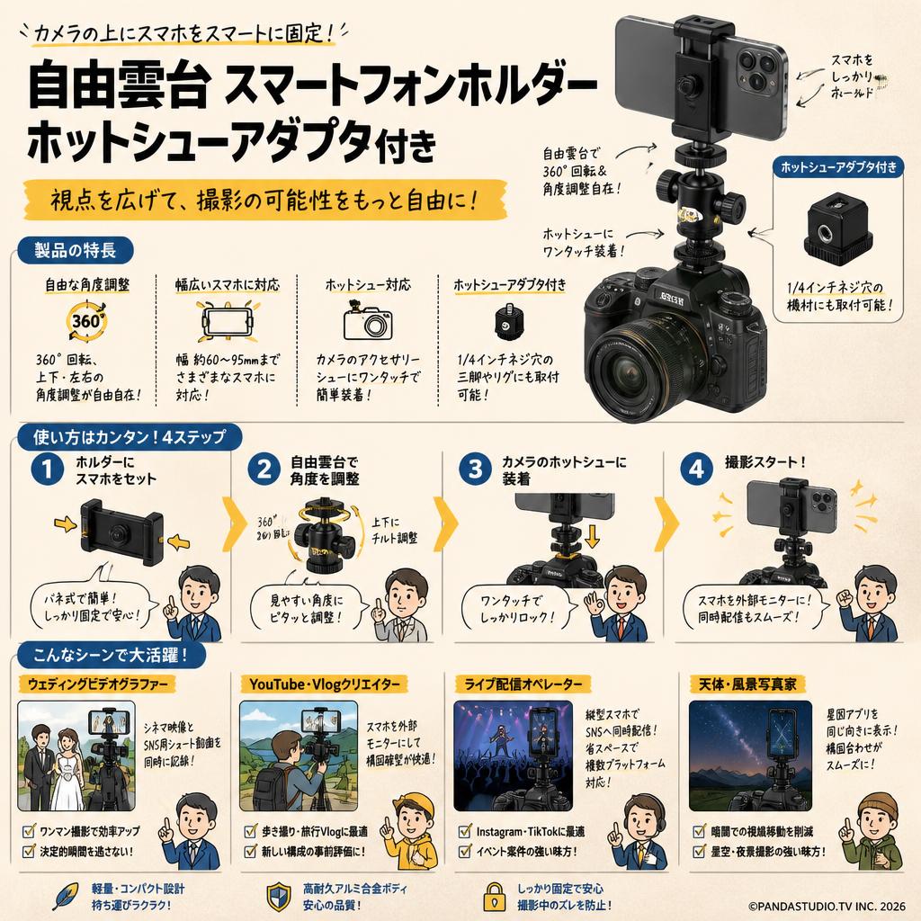 自由雲台 スマートフォンホルダー ホットシューアダプタ付き おもな対象のお客様