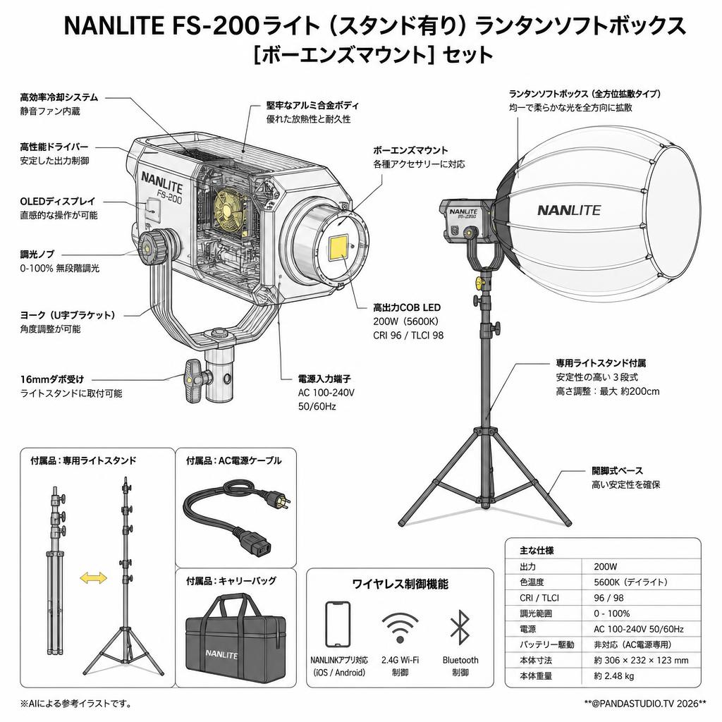 NANLITE FS-200ライト(スタンド有り)ランタンソフトボックス[ボーエンズマウント]セット スペック
