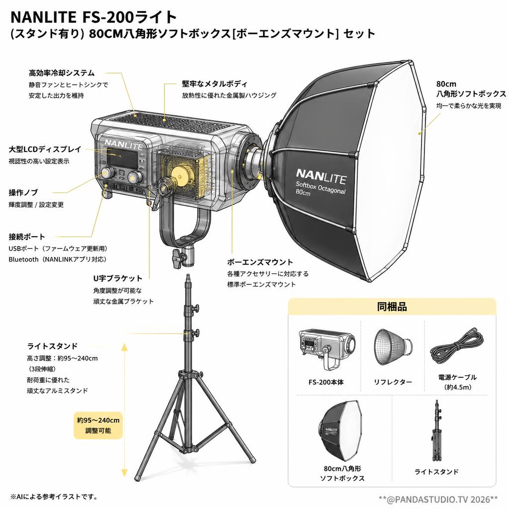 NANLITE FS-200ライト(スタンド有り)80CM八角形ソフトボックス[ボーエンズマウント]セット スペック
