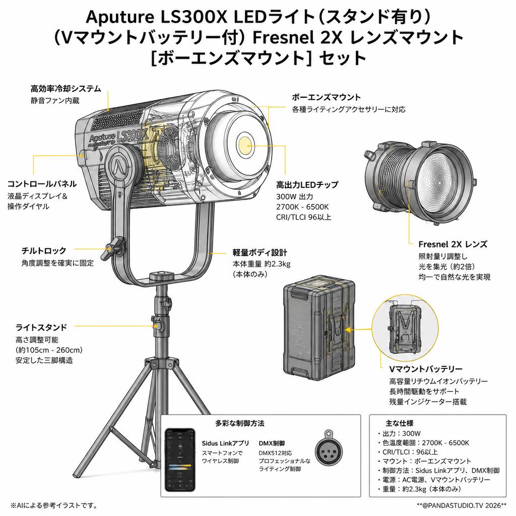 Aputure LS300X LEDライト(スタンド有り)(Vマウントバッテリー付)Fresnel 2X レンズマウント[ボーエンズマウント]セット スペック
