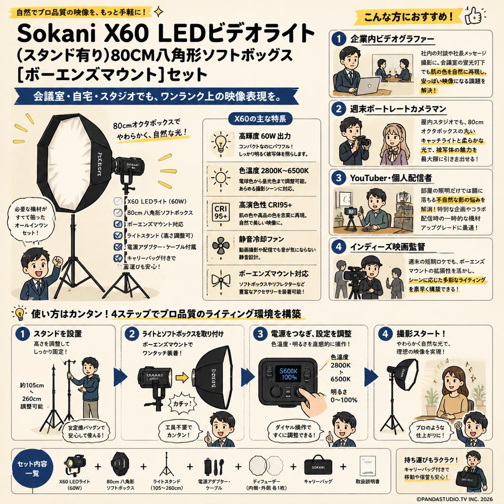 Sokani X60 LEDビデオライト(スタンド有り)80CM八角形ソフトボックス[ボーエンズマウント]セット おもな対象のお客様