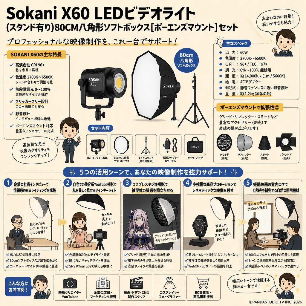 Sokani X60 LEDビデオライト(スタンド有り)80CM八角形ソフトボックス[ボーエンズマウント]セット 用途