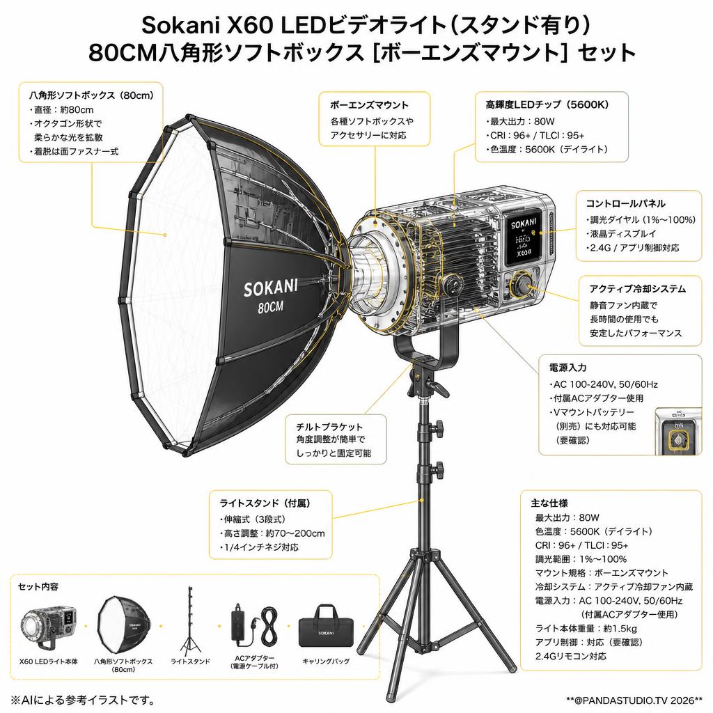 Sokani X60 LEDビデオライト(スタンド有り)80CM八角形ソフトボックス[ボーエンズマウント]セット スペック