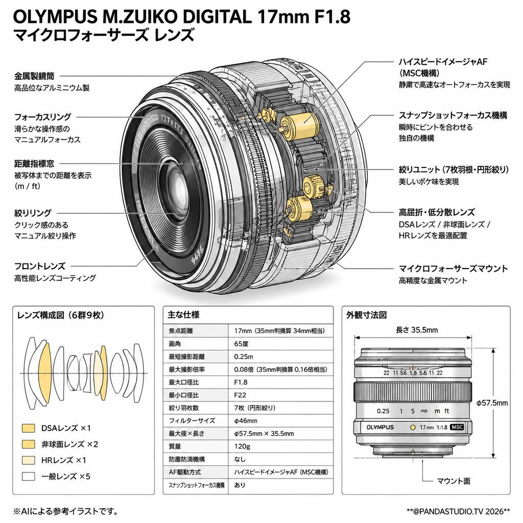 OLYMPUS M.ZUIKO DIGITAL 17mm F1.8 マイクロフォーサーズ レンズ スペック