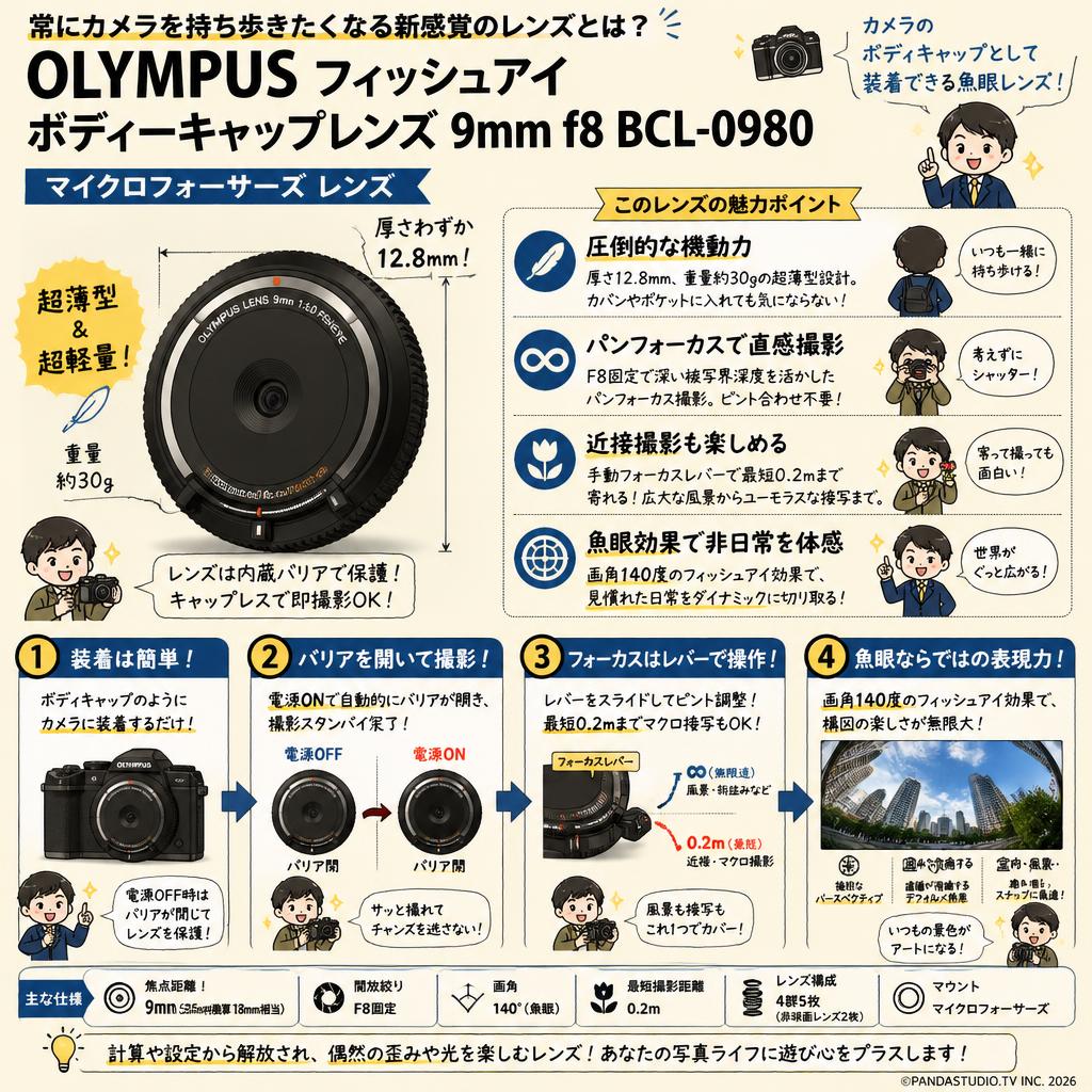 OLYMPUS フィッシュアイ ボディーキャップレンズ 9mm f8 BCL-0980 マイクロフォーサーズ レンズ 概要