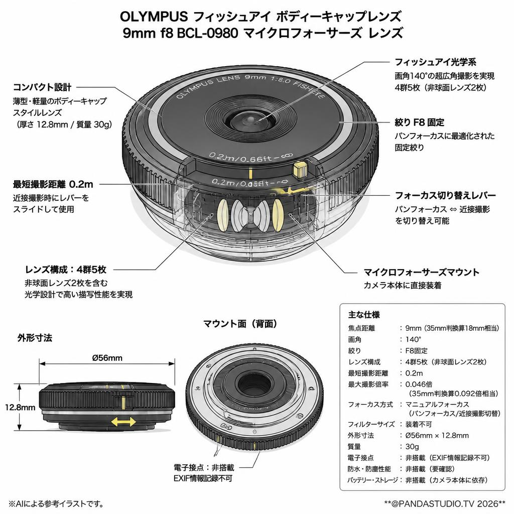 OLYMPUS フィッシュアイ ボディーキャップレンズ 9mm f8 BCL-0980 マイクロフォーサーズ レンズ スペック