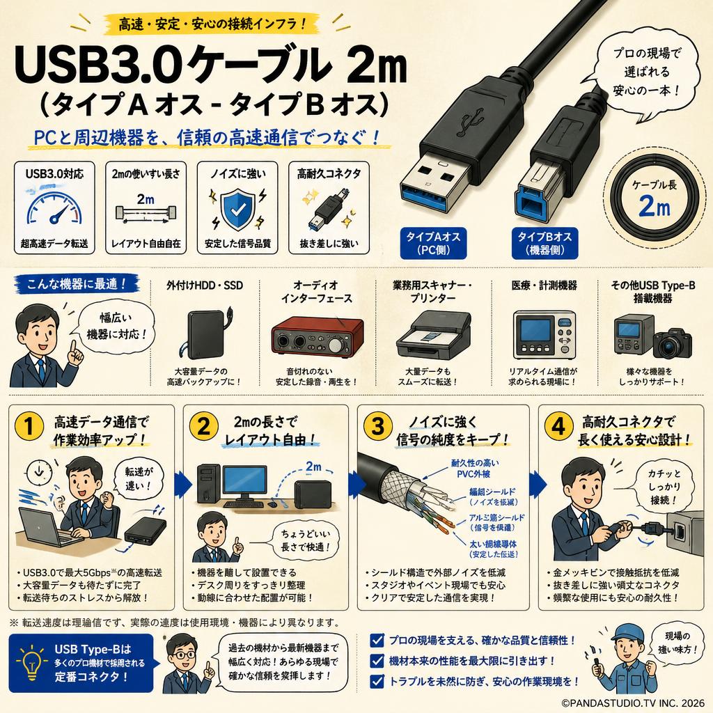 USB3.0ケーブル 2m (タイプAオス - タイプBオス) 概要